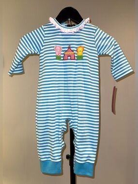 Claire & Charlie blue and white striped circus themed romper, size 18 mos, NWT